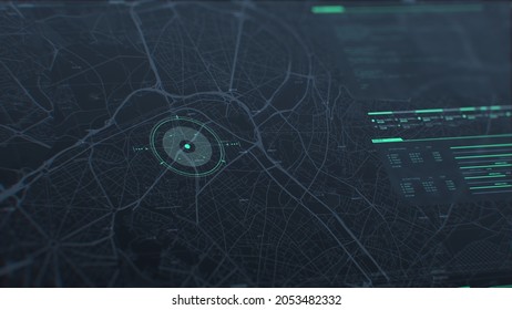 Futuristic security spy program interface. Dynamic modern HUD. GPS location tracking or scanning software. Green marker, indicator on the map. Satellite view. Hi-tech. 3D Render concept illustration