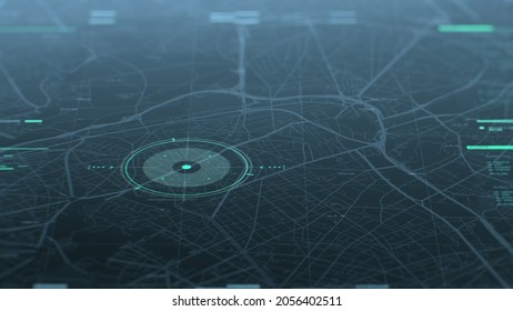 Futuristic security spy program interface. Dynamic modern HUD. GPS location tracking or scanning software. Green marker, indicator on the map. Satellite view. Hi-tech. 3D Render concept illustration
