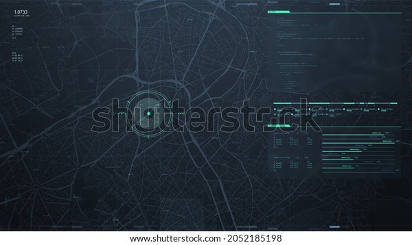Futuristic security spy program interface.\
Dynamic modern HUD. GPS location tracking or scanning software.\
Green marker, indicator on the map. Satellite view. Hi-tech. 3D\
Render concept\
illustration