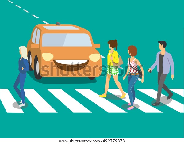 Futuristic  self driving smiling car waiting when\
pedestrians will cross\
street