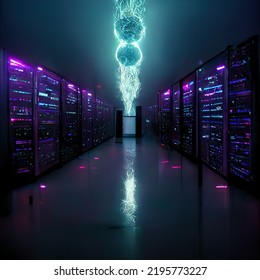 Futuristic Server Room Arranging Cloud Storage Internet Networking Power Efficiency Machine Learning 3d Illustration