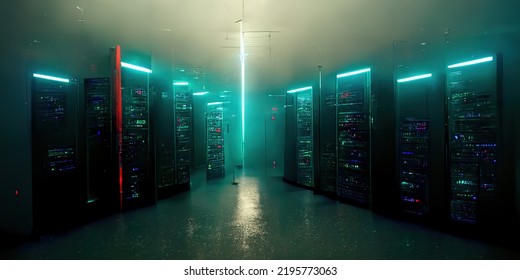 Futuristic Server Room Computing Cyber Security Big Data Flowing Industry Leading Technology Ai Concept 3d Illustration