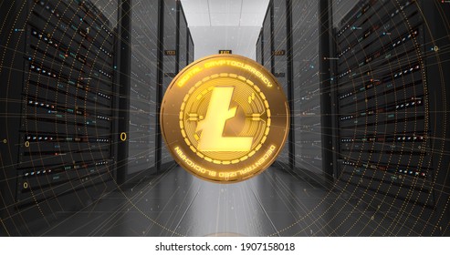 Futuristic Server Room. Litecoin Cryptocurrency Mining In Progress. Gold Coin. Technology And Business Related 3D Illustration Render