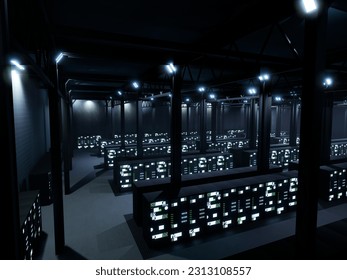 Futuristic server room with storage for supercomputer system and hardware, internet security. Big data center with digital infrastucture, render farm cloud computing. 3d render. 3D Illustration