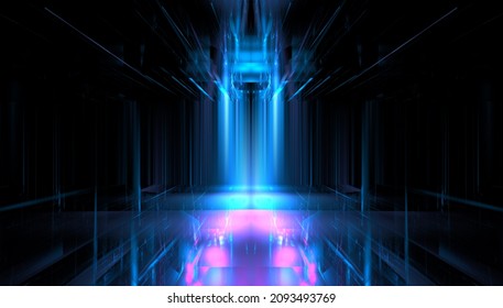 Futuristic showcase neon color light podium stage. Abstract blurred glass transparent background showcase scene shop. Futuristic modern fantasy black  showcase corridor. 3d render - Shutterstock ID 2093493769