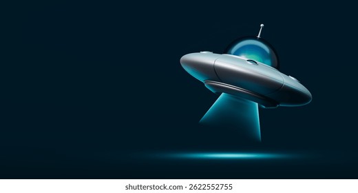 Futuristic silver UFO spaceship hovering with blue light beam on dark background, 3D Rendering, concept of alien technology exploration and space mystery