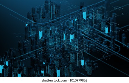 Futuristic Skyscrapers In The Flow. The Flow Of Digital Data. City Of The Future. 3D Illustration. 3D Rendering