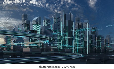 Futuristic Skyscrapers In The Flow. The Flow Of Digital Data. City Of The Future. 3D Illustration. 3D Rendering