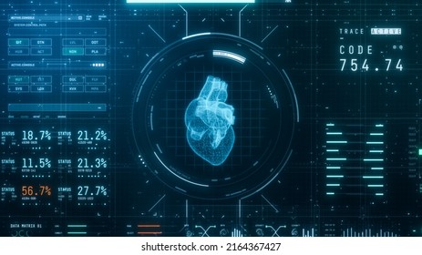 Futuristic Software Interface For Medical And Scientific Purpose, Patient Monitoring Software, Human Heart Scanner, Front View (3d Software)