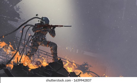 The Futuristic Soldier Aiming His Gun At The Enemy Against The Battlefield Background, Digital Art Style, Illustration Painting