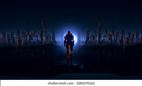 Futuristic Soldier On A Future City 3D Rendering