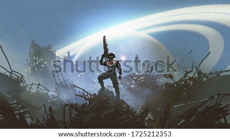 futuristic soldier standing on city ruins against the glowing planet, digital art style, illustration painting