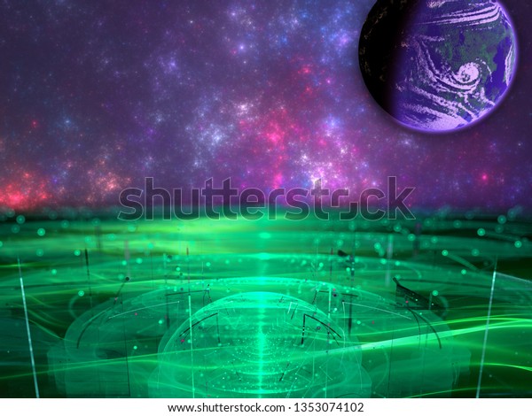 Futuristic space landscape. View from an\
alien planet. Concept of science, space exploration and space\
travel. 3d\
illustration.