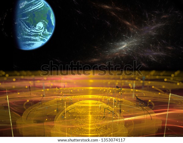 Futuristic space landscape. View from an\
alien planet. Concept of science, space exploration and space\
travel. 3d\
illustration.
