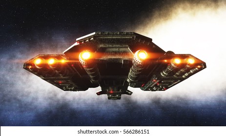 Futuristic Space Ship In . Earth Planet Wonderfull View. Realistic Metal Surface . 3d Rendering.