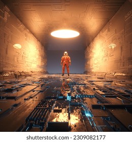 Futuristic space station and an astronaut . Sci fi and fantasy concept . This is a 3d render illustration .