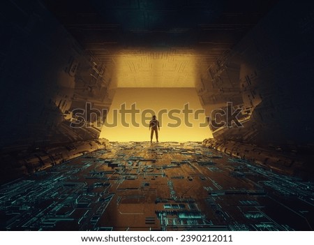 Futuristic space station and an astronaut . Sci fi and fantasy concept . This is a 3d render illustration .