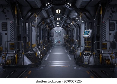 Futuristic space station or spaceship interior corridor. Science fiction concept 3D illustration.