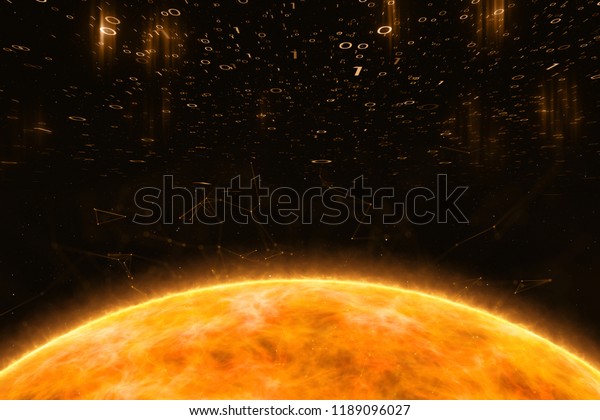 Futuristic space with Sun\
surface and computer binary numbers illustration background. View\
from space.