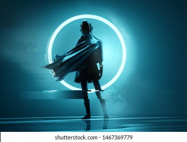 A futuristic space women astronaut standing in front of the camera with a glowing neon circle in the background. Conceptual people portrait 3D illustration.