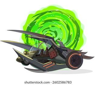 Futuristic spaceship designed for interdimensional travel surrounded by vibrant green portal energy