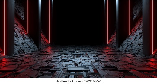 Futuristic Spaceship Hallway Corridor Passage Entrance With Red Glowing Light Illustration 3d Rendering
