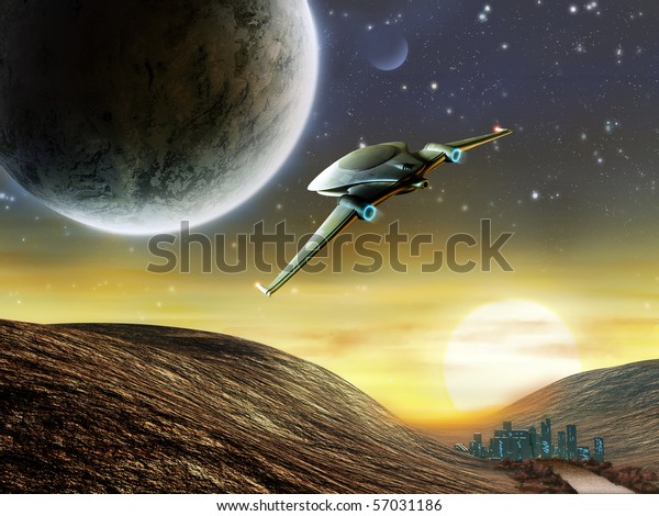 Futuristic spaceship traveling in a distant\
solar system. Digital\
illustration