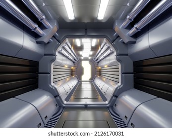 Futuristic spaceship tunnel steel and metal, with lamps, interior view. 3d illustration.