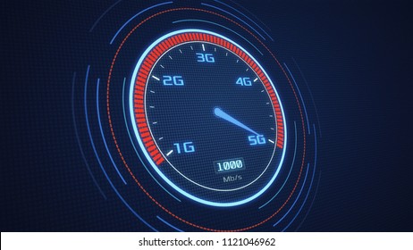 Futuristic Speedometer With The Pointer On 5G Technology, Concept Of Fast Mobile Network (3d Render)