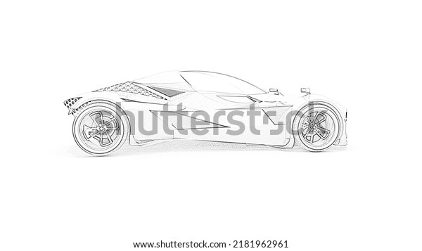 futuristic sport car concept;\
light, white, blue, black, orange, yellow on background. 3d\
illustration