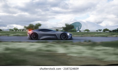 Futuristic Sport Car Very Fast Driving On Highway. Futuristic City Concept. 3d Rendering. 3D Illustration