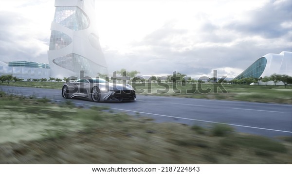 Futuristic sport car very fast\
driving on highway. Futuristic city concept. 3d rendering. 3D\
Illustration
