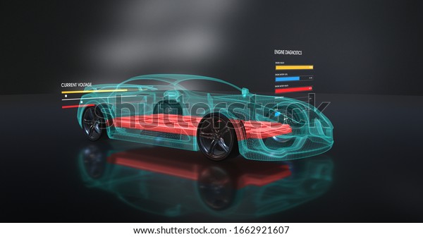 Futuristic Sport Electric Car In Production\
Facility. Electric Battery Visible Inside Of The Vehicle.\
Environmental Friendly 3D Illustration\
Render
