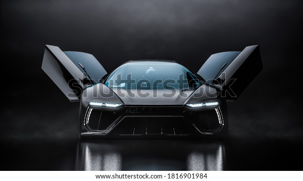 Futuristic sports car with doors opened in\
dark smoky environment (3D\
Illustration)