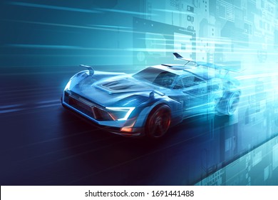 Futuristic Sports Car Emerges Out Of Digital Model (3D Rendering)