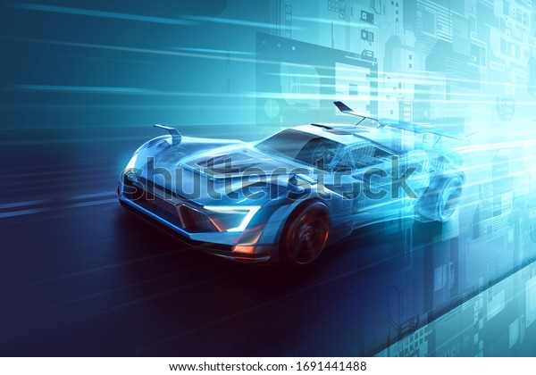 Futuristic sports car emerges out of digital\
model (3D\
Rendering)
