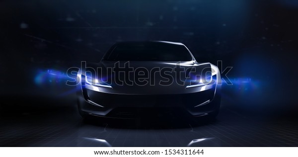 Futuristic sports car on dark technology\
backgorund (3D\
Illustration)