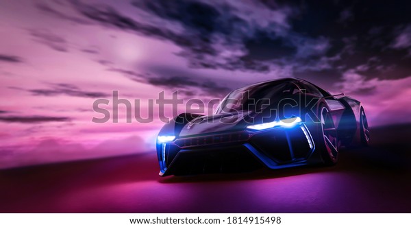 Futuristic sports car on drak dramatic\
cloudy environment (3D\
Illustration)