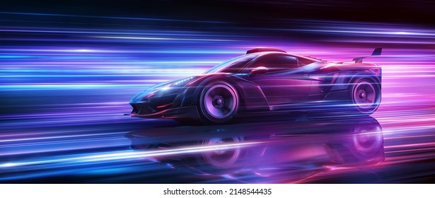 Futuristic Sports Car On Neon Highway. Powerful acceleration of a supercar on a night track with colorful lights and trails. 3d illustration