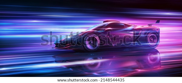 Futuristic Sports Car On Neon Highway.\
Powerful acceleration of a supercar on a night track with colorful\
lights and trails. 3d\
illustration