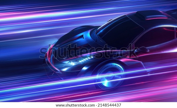 Futuristic Sports Car On Neon Highway.\
Powerful acceleration of a supercar on a night track with colorful\
lights and trails. 3d\
illustration