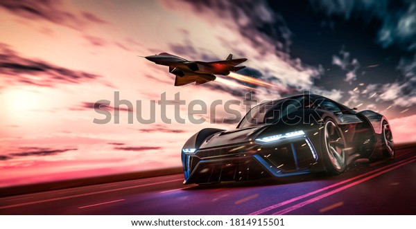 Futuristic sports car racing with\
fighter jet on dramatic cloudy environment (3D\
Illustration)