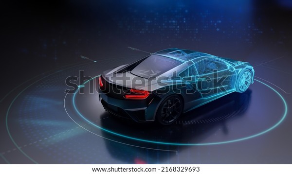 Futuristic sports car technology concept\
with wireframe intersection (3D\
illustration)