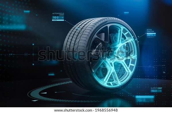 Futuristic sports car tyre technology\
concept with rim wireframe intersection (3D\
illustration)