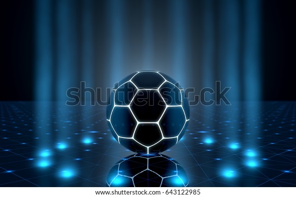 A futuristic\
sports concept of a soccer ball lit with neon markings on a\
futuristic spotlit stage - 3D\
render