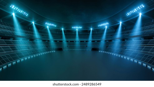 Futuristic stadium at night with shining spotlights and thrilling atmosphere before sport event. Empty field illustration as sport background for advertising. - Powered by Shutterstock