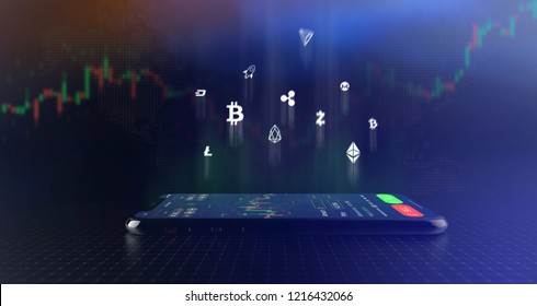 Futuristic Stock Exchange Scene With Crypto Currency Icons And Smartphone  (3D Illustration)