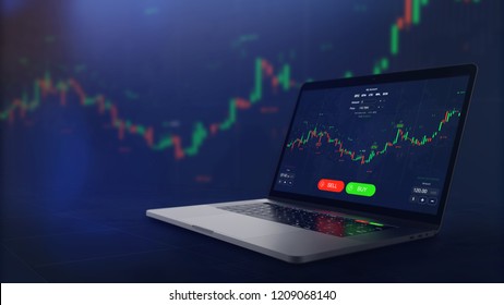 Futuristic stock exchange scene with laptop, chart, numbers and BUY and SELL options (3D illustration)