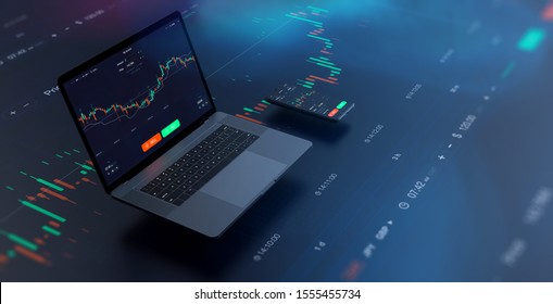 Futuristic Stock Exchange Scene With Laptop, Mobile Phone, Chart, Numbers And SELL And BUY Options (3D Illustration)