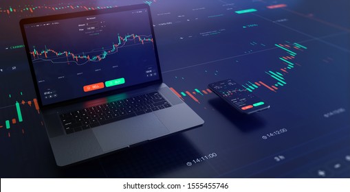 Futuristic Stock Exchange Scene With Laptop, Mobile Phone, Chart, Numbers And SELL And BUY Options (3D Illustration)